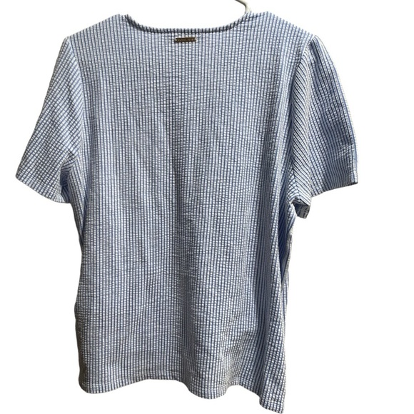 Michael Kors‎ Blue/White Stripe Faux Wrap Blouse Women's Size Large EUC - Picture 2 of 6